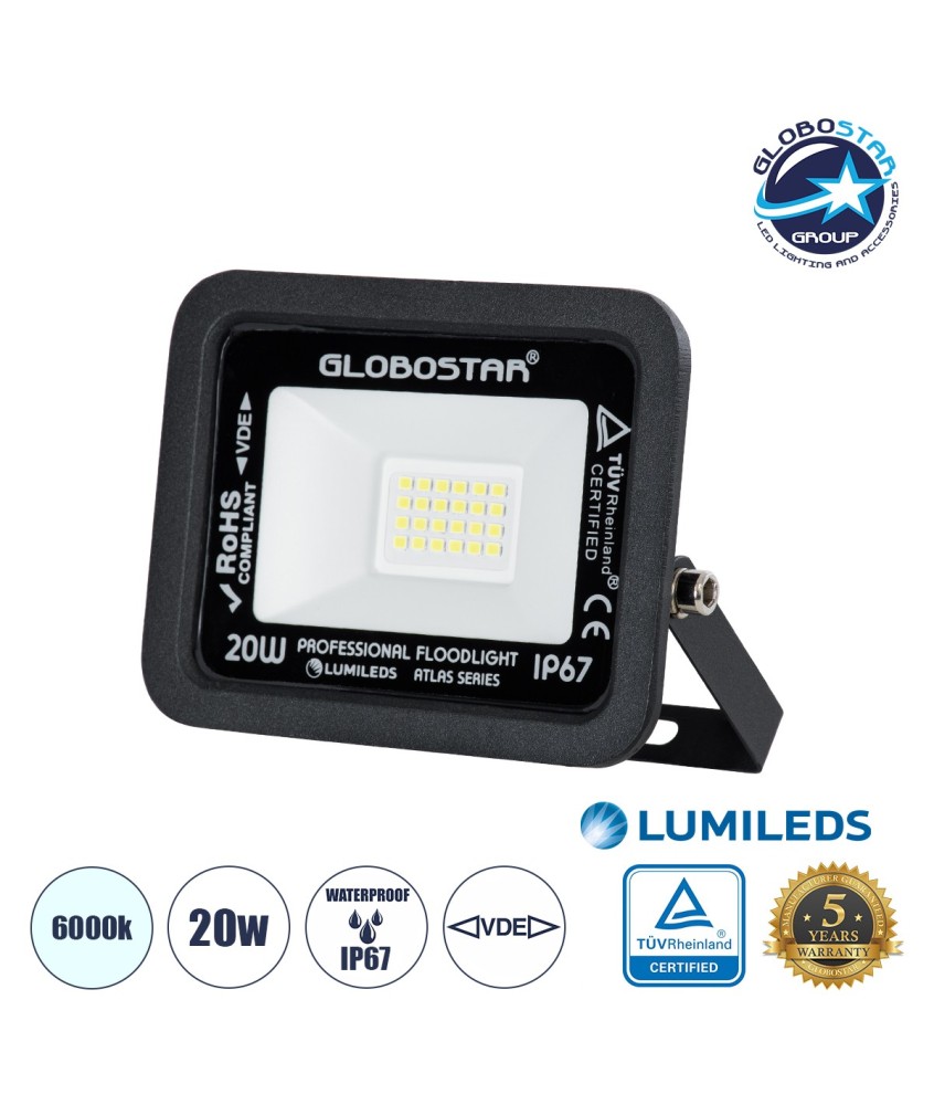 GLOBOSTAR® ATLAS 61410 Προβολέας LED 20W 2500lm 120° AC 220-240V Αδιάβροχο IP67 Ψυχρό Λευκό 6000K - Lumileds SMD Chip - TÜV Rheinland Certified - Μαύρο Ματ - Μ12 x Π2.5 x Υ9.5cm - 5 Χρόνια Εγγύηση